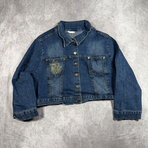 Vintage Exit USA Denim Jacket Women Medium Y2K Star Button Blue Sequin Fairycore
